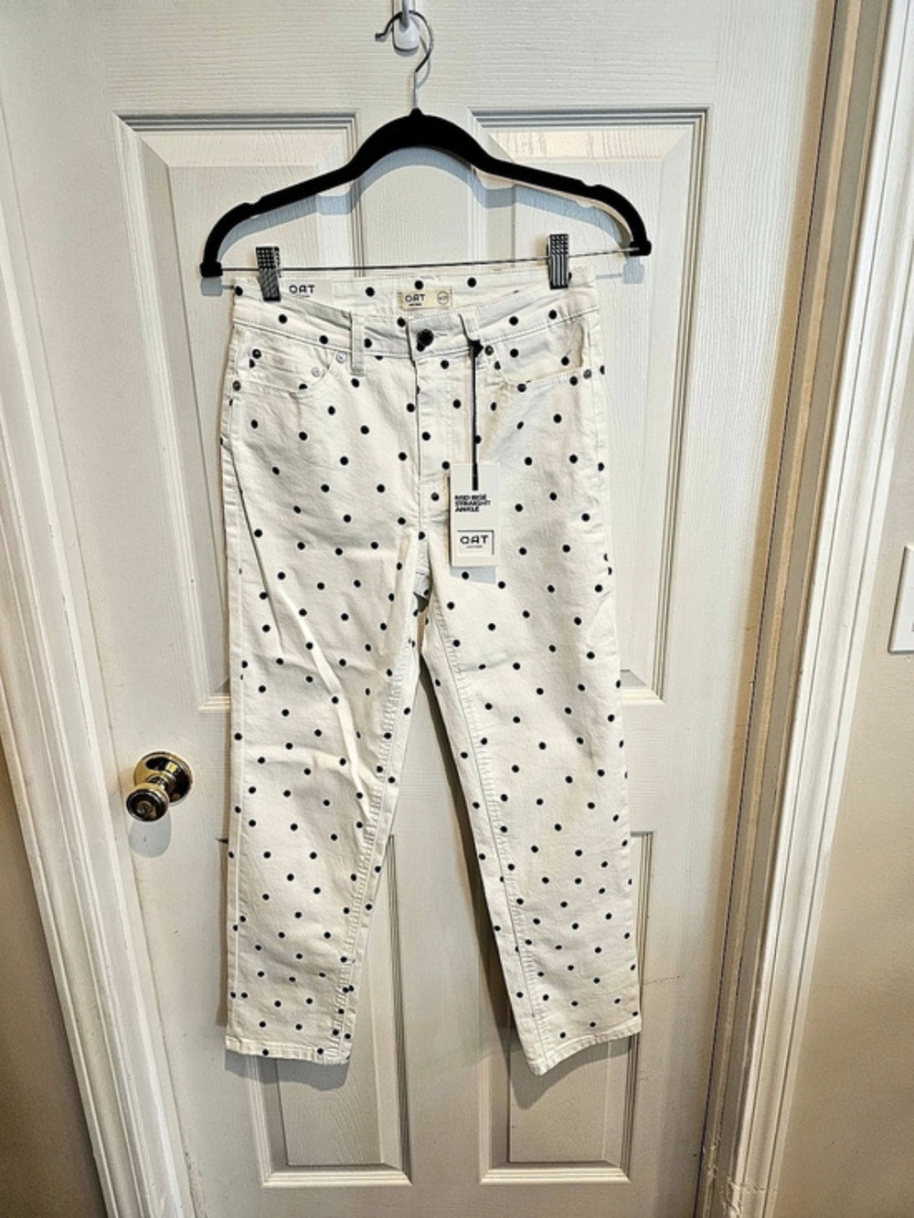 OAT New York Mid Rise Straight Ankle Polka Dot Straight Leg Jeans in White &